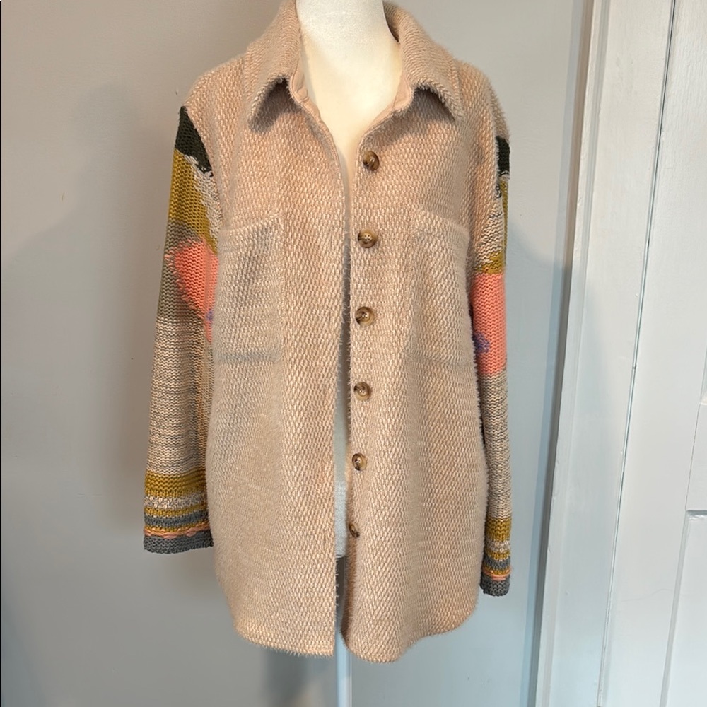 Skies Are Blue Tan Teddy Jacket with Geometric Sleeves